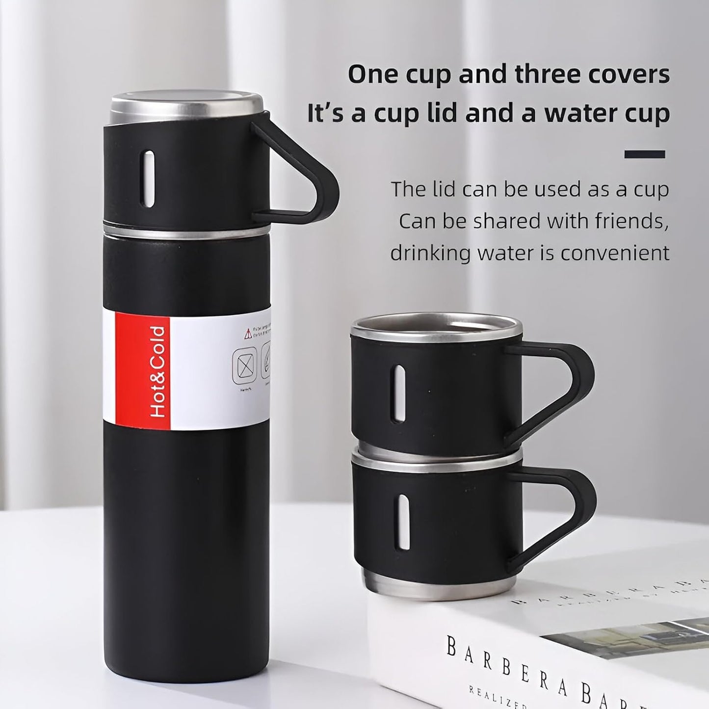 Vacuum Insulated Flask Set with 2 Cups – Keep Drinks Hot or Cold for 24 Hours, Ideal for Coffee, Tea, Milk, with Leak-Proof Design and Portable Travel-Friendly Build (Multicolour)