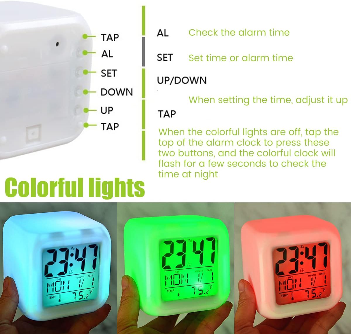 7 Colour Changing Clock Plastic Automatic 7 Colour Changing Digital LED Alarm Clock with Date, Time, Temperature