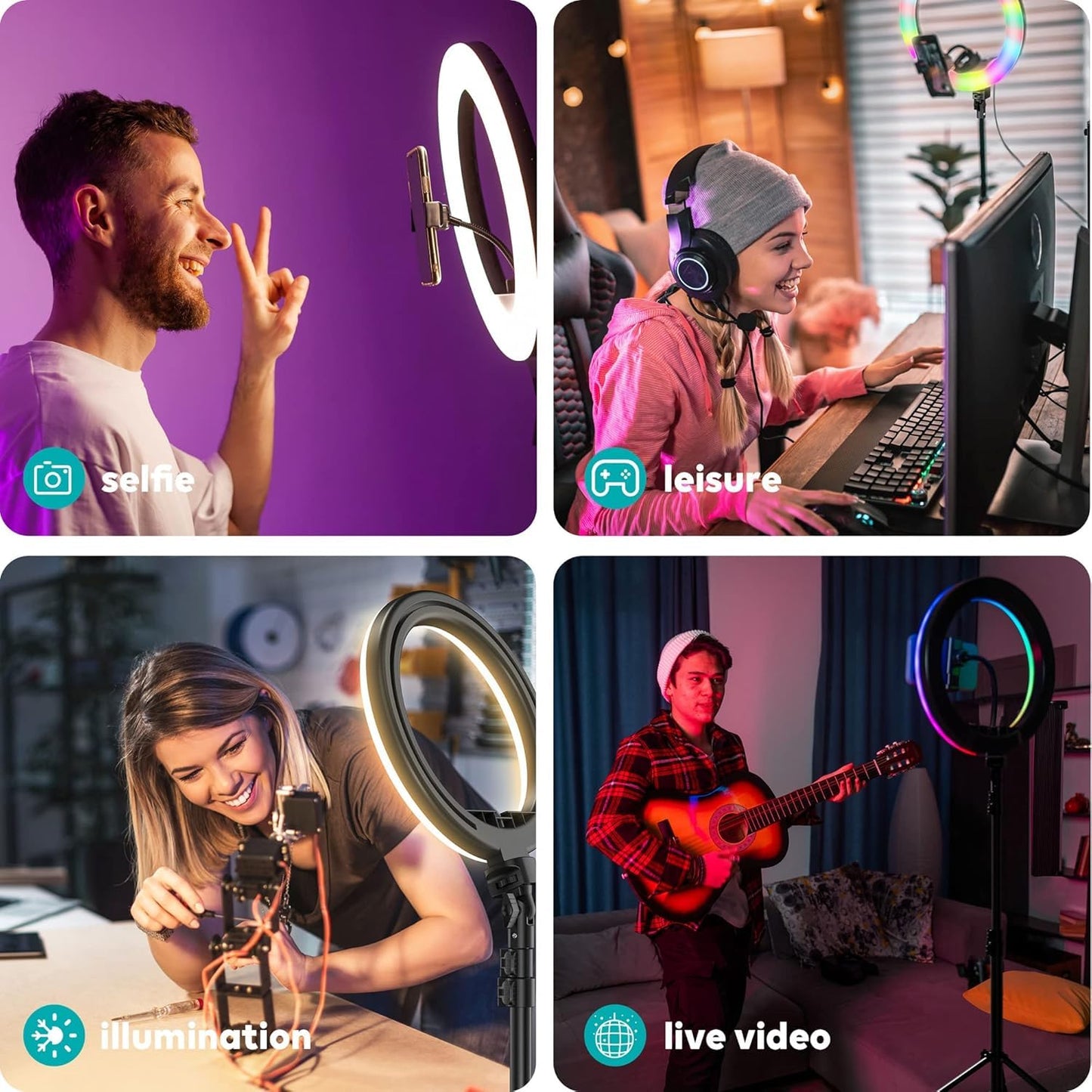LED RGB Selfie Professional Ringlight for YouTube Reels, Makeup Photography, Video Making, Blogging Recording with Brightness Levels. (10 Inch RGB Ringlight Without Tripod)