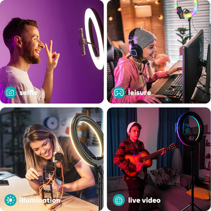 LED RGB Selfie Professional Ringlight for YouTube Reels, Makeup Photography, Video Making, Blogging Recording with Brightness Levels. (10 Inch RGB Ringlight Without Tripod)