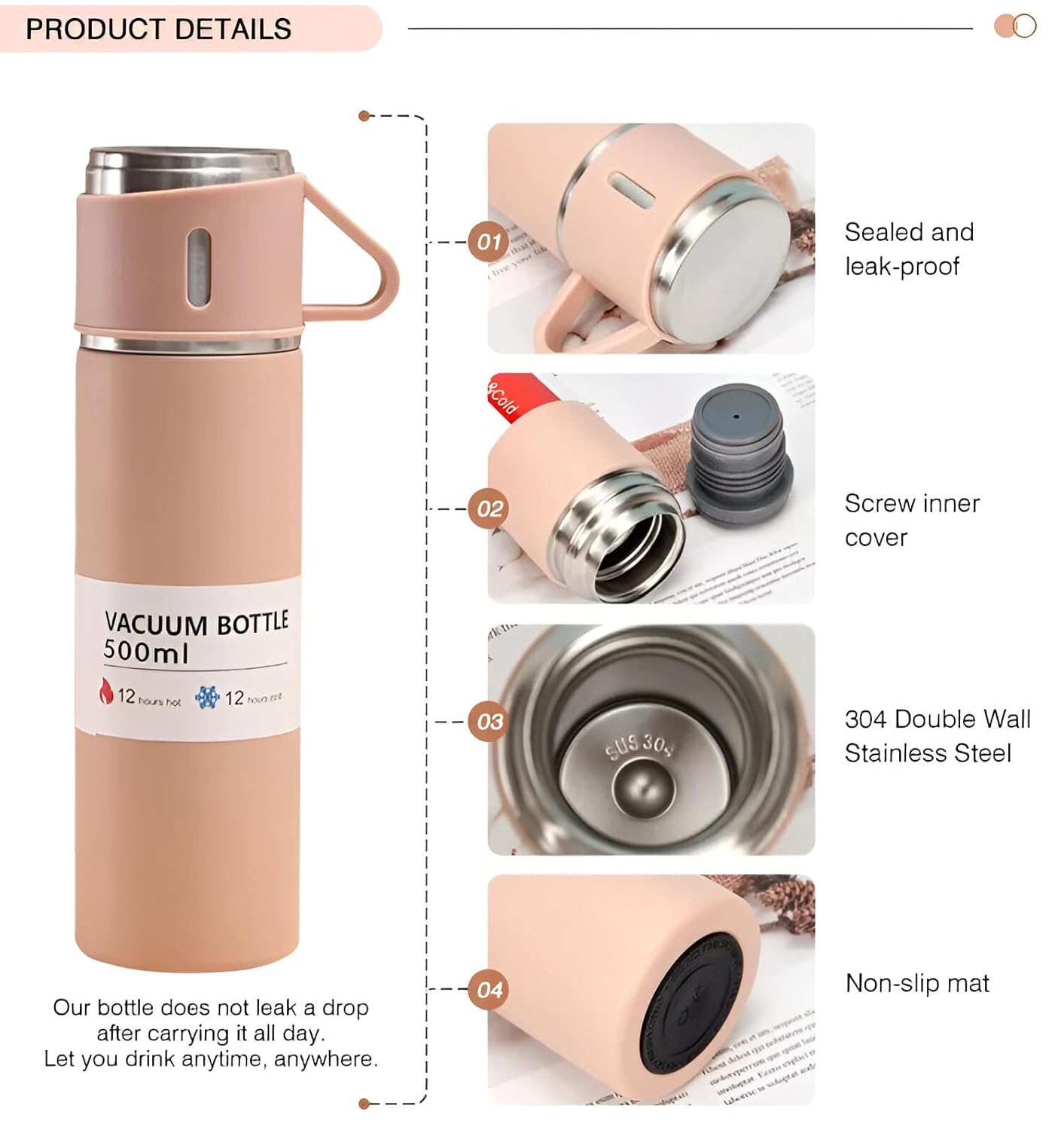 Vacuum Insulated Flask Set with 2 Cups – Keep Drinks Hot or Cold for 24 Hours, Ideal for Coffee, Tea, Milk, with Leak-Proof Design and Portable Travel-Friendly Build (Multicolour)