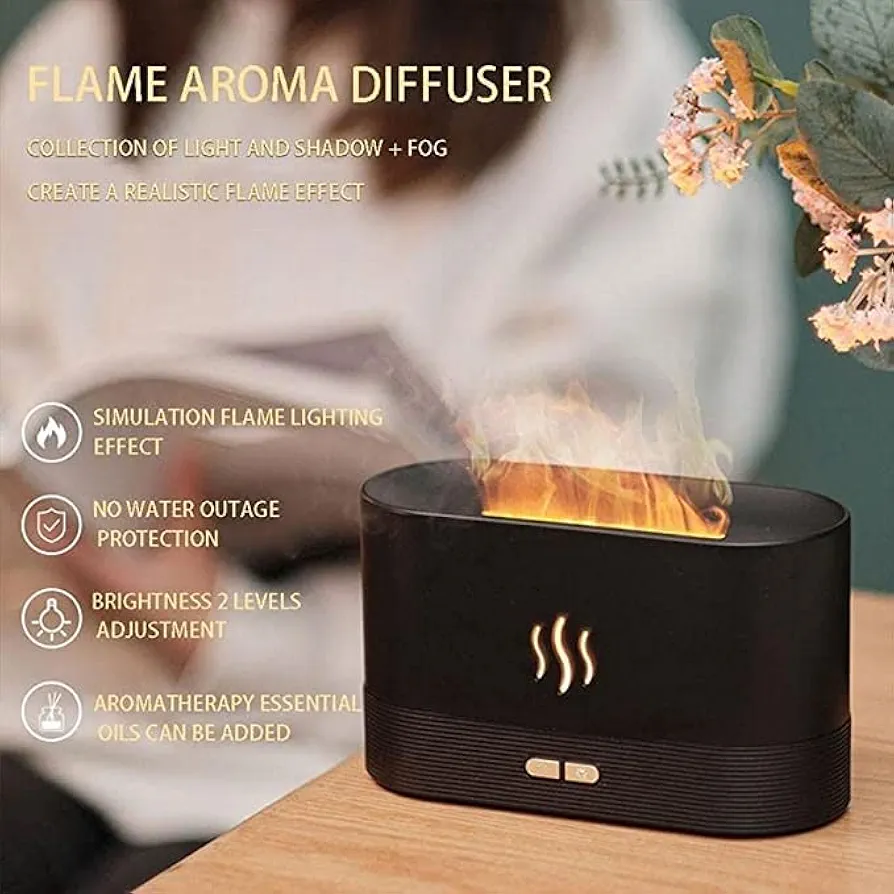 Plastic Flame Diffuser Humidifier-Auto Off 180Ml Essential Oil Diffuser-2 Modes Brightness Aroma Humidifier with Fire Flame Effect for Home, Office, Spa, Gym (Black) - Image 5